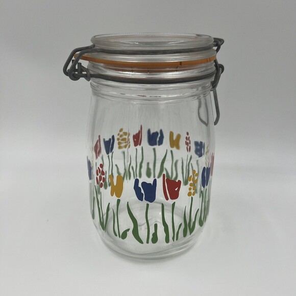 1 L Arc France Glass Canister Jar Tulip Floral Hinged Lid - Picture 3 of 9